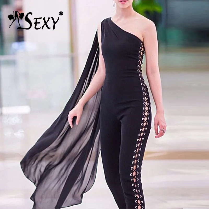 

Gosexy Women Jumpsuits One Shoulder Hollow Out Black Batwing Sleeve Romper Sexy Bodycon Jumpsuits 2019 Summer Fashion Vestidos