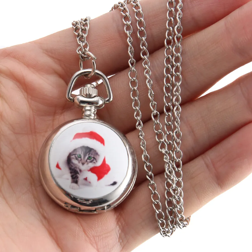 

Vintage Pocket Watch Quartz Watch Cool Chain Cute Kitten Pattern Cover Watches LL@17