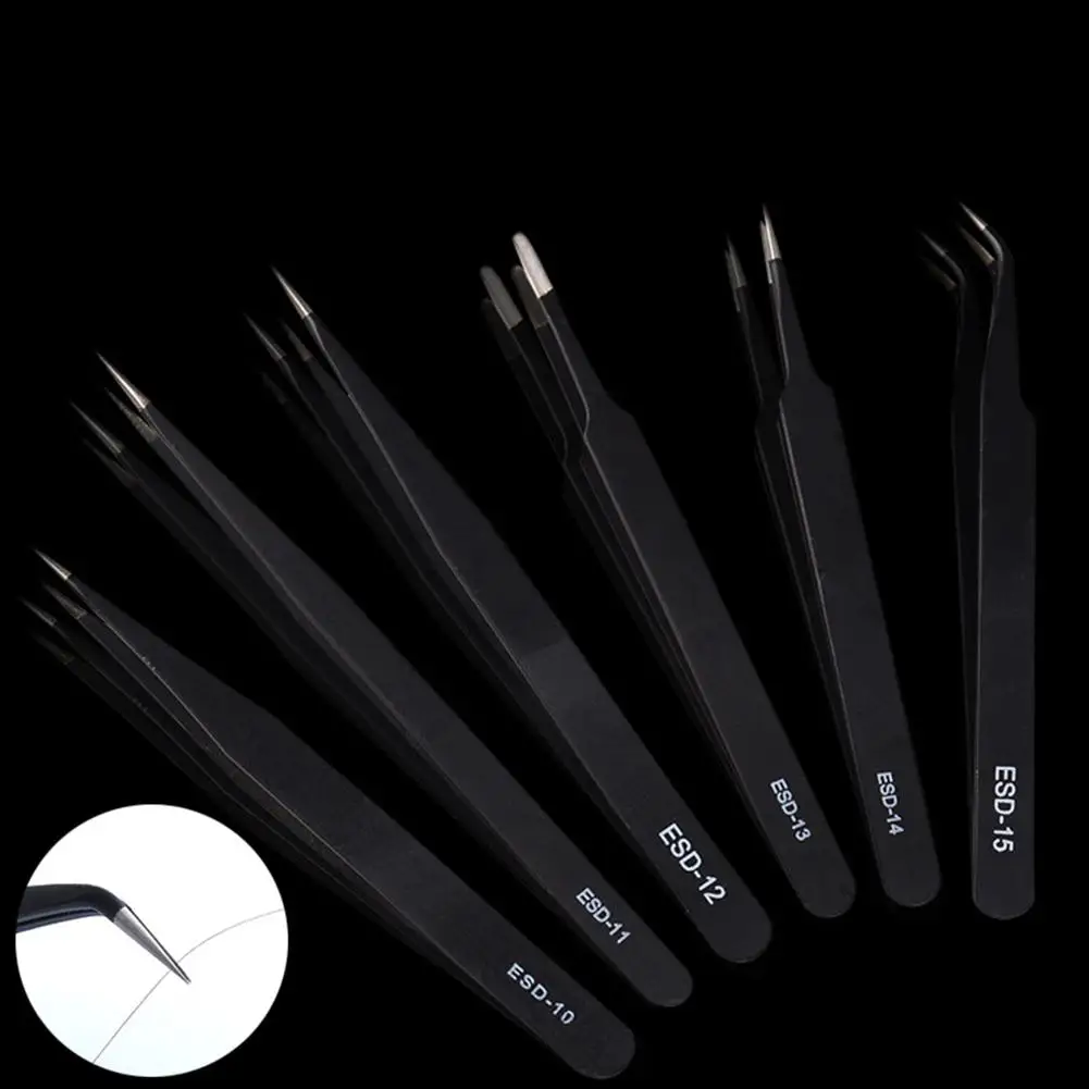 

LanLan Safe Stainless Steel Anti-static ESD Tweezers Industrial Precision Pointed Elbow Curved Straight Tweezers