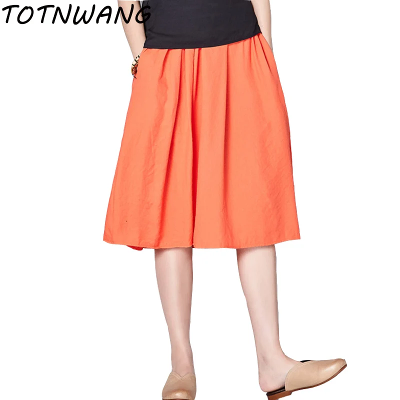 2017 Fashion Women Linen Cotton Knee Length Skirts Elastic Waist Skirts