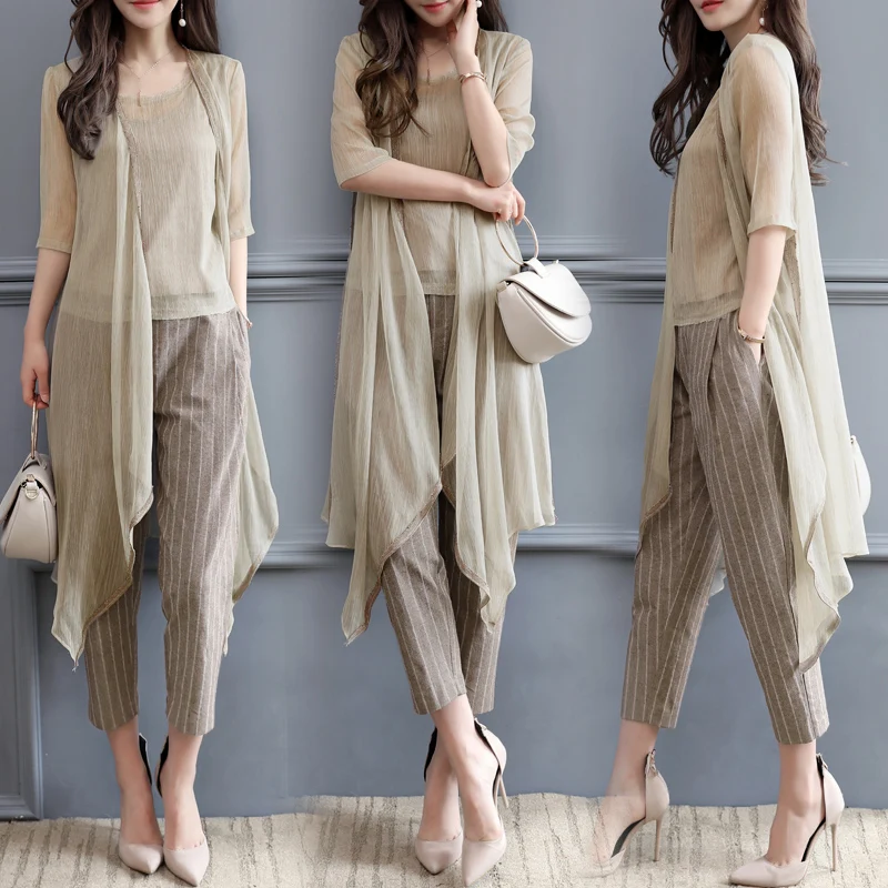 Fashion Elegant Three Piece Suit Women Summer Outfits 2019 New Arrival Chiffon Coat + Vest + Striped Trousers Sets Woman Fashion Elegant Three Piece Suit Women Summer Outfits 2019 New Arrival Chiffon Coat + Vest + Striped Trousers Sets Woman