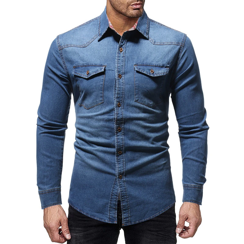 Black Denim Shirt Men Casual Fit Slim Long Sleeve Shirts 2019 Autumn Cotton Jeans Dress Shirt 4