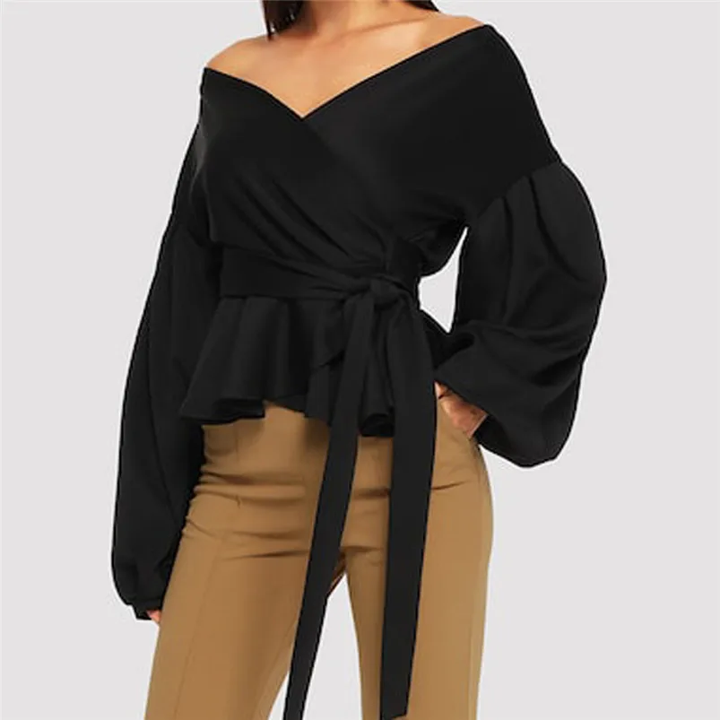 New Sping Style Fashion Women Long Sleeve Strapless V-Neck Lantern Sleeve Bow Belt Bandage Tops Lady Cute Sexy Tops R15 (4)