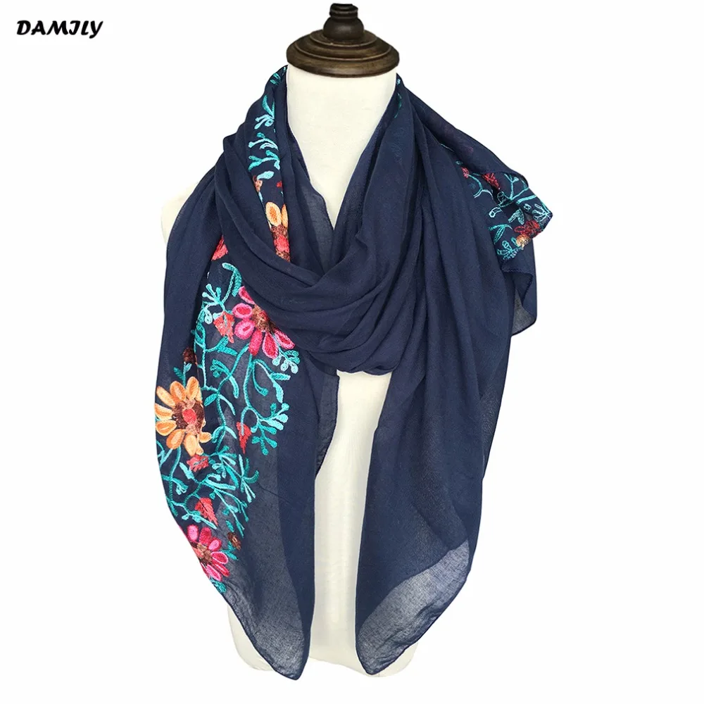 Long Embroidered Scarf Women Luxury Brand Cotton Scarves Shawls Flower Embroidery Scarfs Muslin