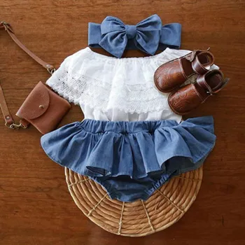 

Baby Girls Summer Clothes Newborn Baby Girls Outfit Lace Ruffled Top+Demin Shorts Dress+ Bow Headband Fashion Baby Girls Clothes