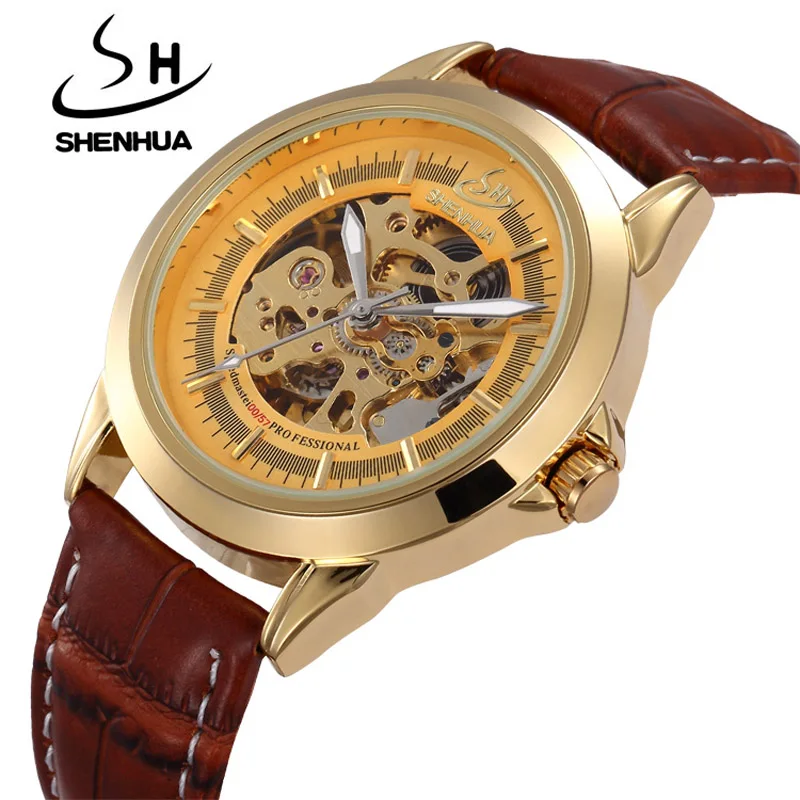 

SHENHUA Top Brand Luxury Gold Automatic Self Wind Watches For Men Male Waterproof Clock Skeleton Mechanical Wristwatches Leather