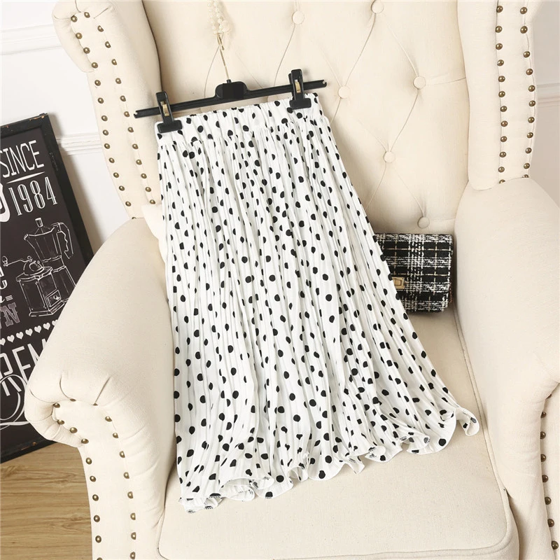 

Casual Women Chiffon Skirt Female Black Dots Elastic Waist Tutu Skirts Women Saia A-Line Jupe Femme Polka Dot Pleated Skirt