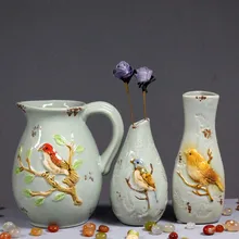 Творческий дом в скандинавском простая высокотемпературная керамика сделать трехсекционный набор старых окрашенных ретро-старинная стерео ваза с птицами