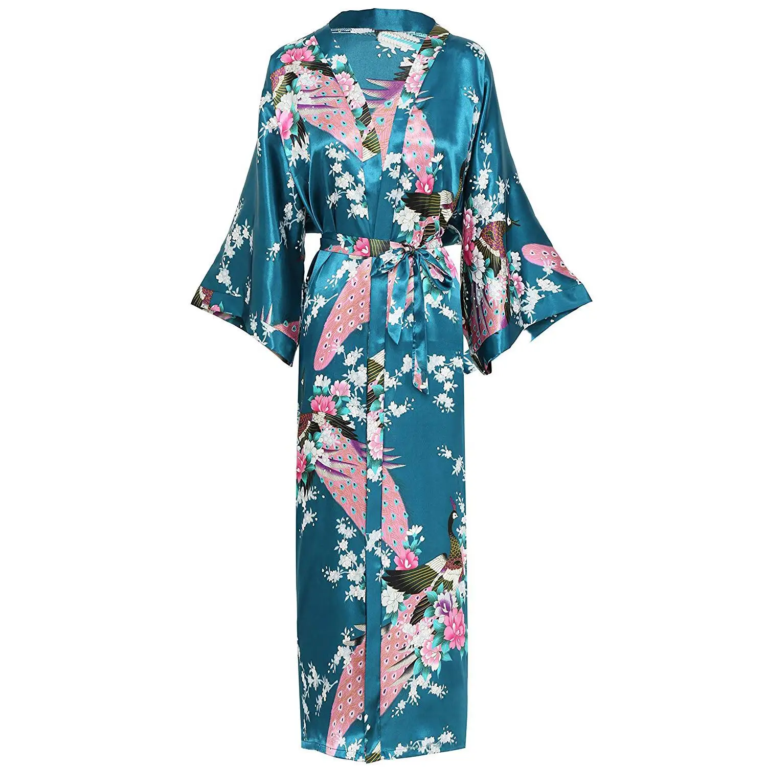 Серый женский халат с принтом павлина Классическая атласная длинная кимоно Халат Банные халаты Ночная рубашка повседневное вискозное негабаритное домашнее платье - Цвет: Lake Blue