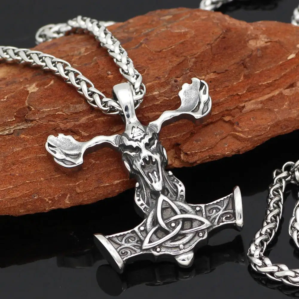 

Viking Thor Ray hammer stainless steel pendant necklace Odin triangle rune deer head titanium steel pendant necklace jewelry