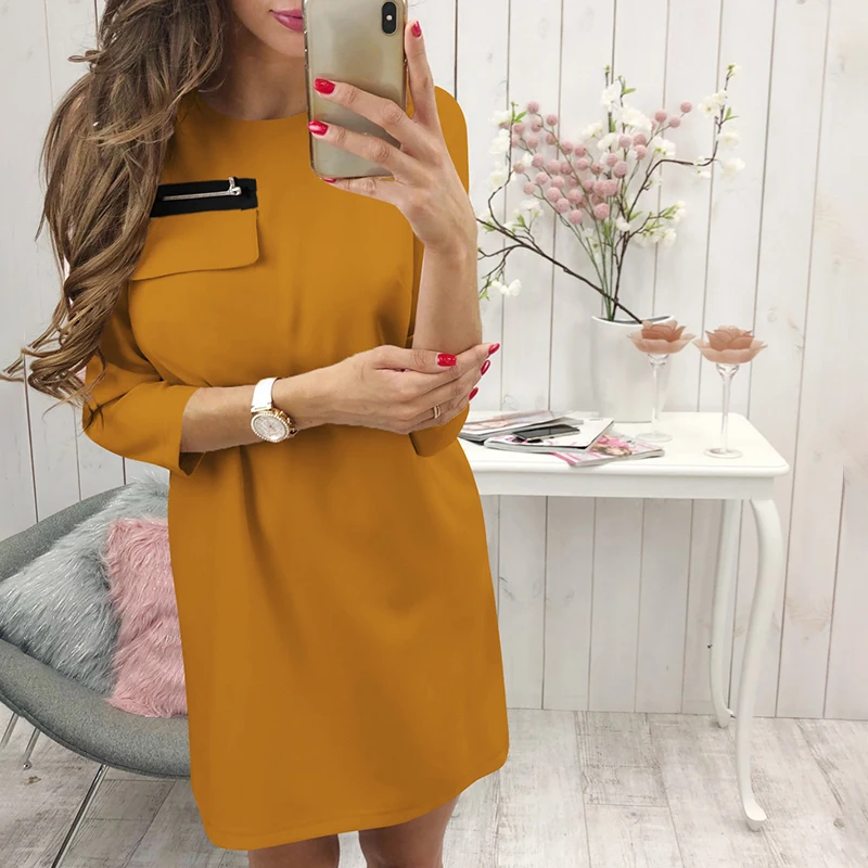 

Women's Autumn Dresses Full Casual Loose Three Quarter Sleeve O-neck Fashion Mini Women Dresses Female Vestidos