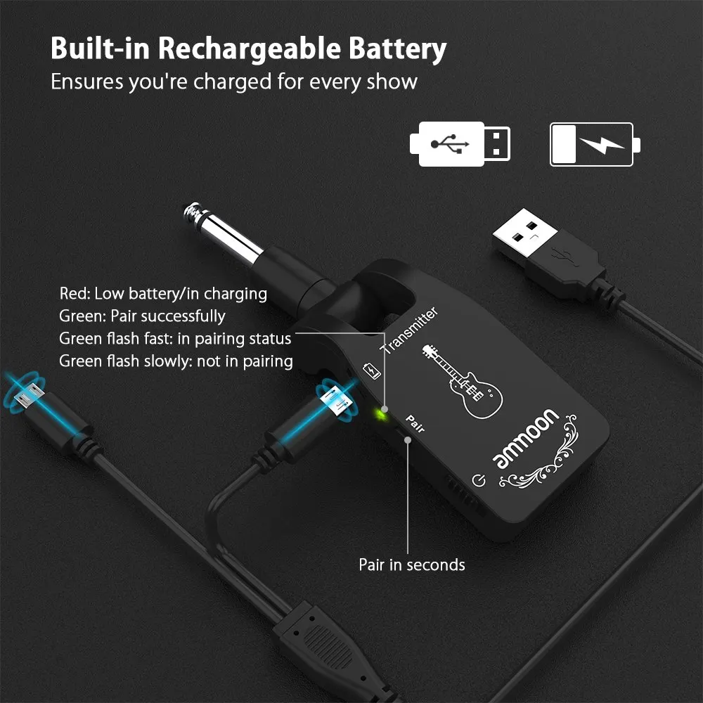 Comprar Ammoon 2,4G guitarra inalámbrica recargable 6 canales transmisor receptor de Audio para guitarra eléctrica guitarra bajo Accesorios