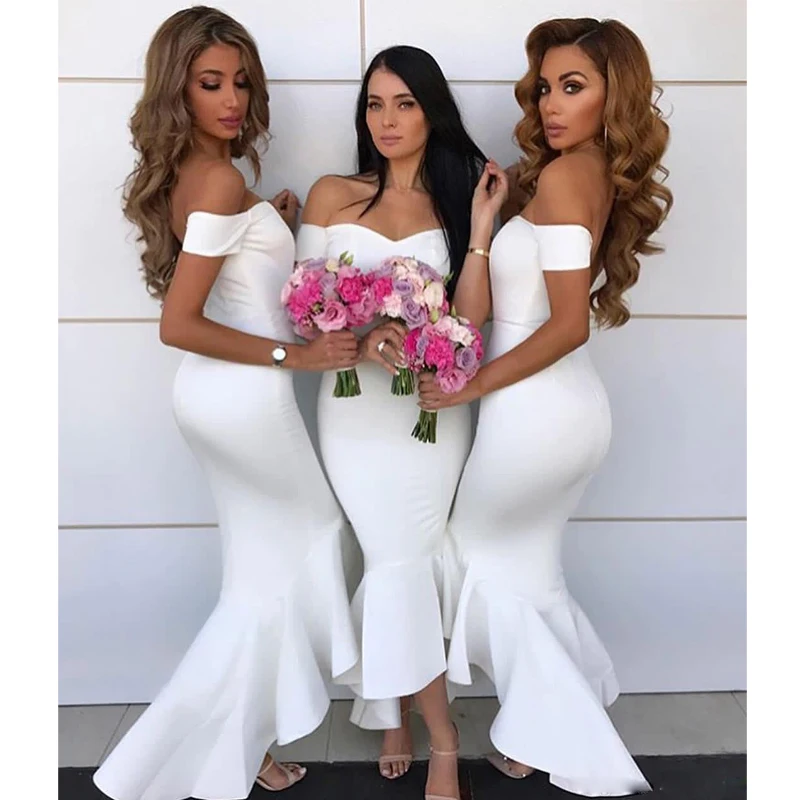 Charming White Off the Shoulder Ankle Length Wedding Guest Dresses Backless Mermaid Bridesmaid Dress Short Prom Gowns | Свадьбы и