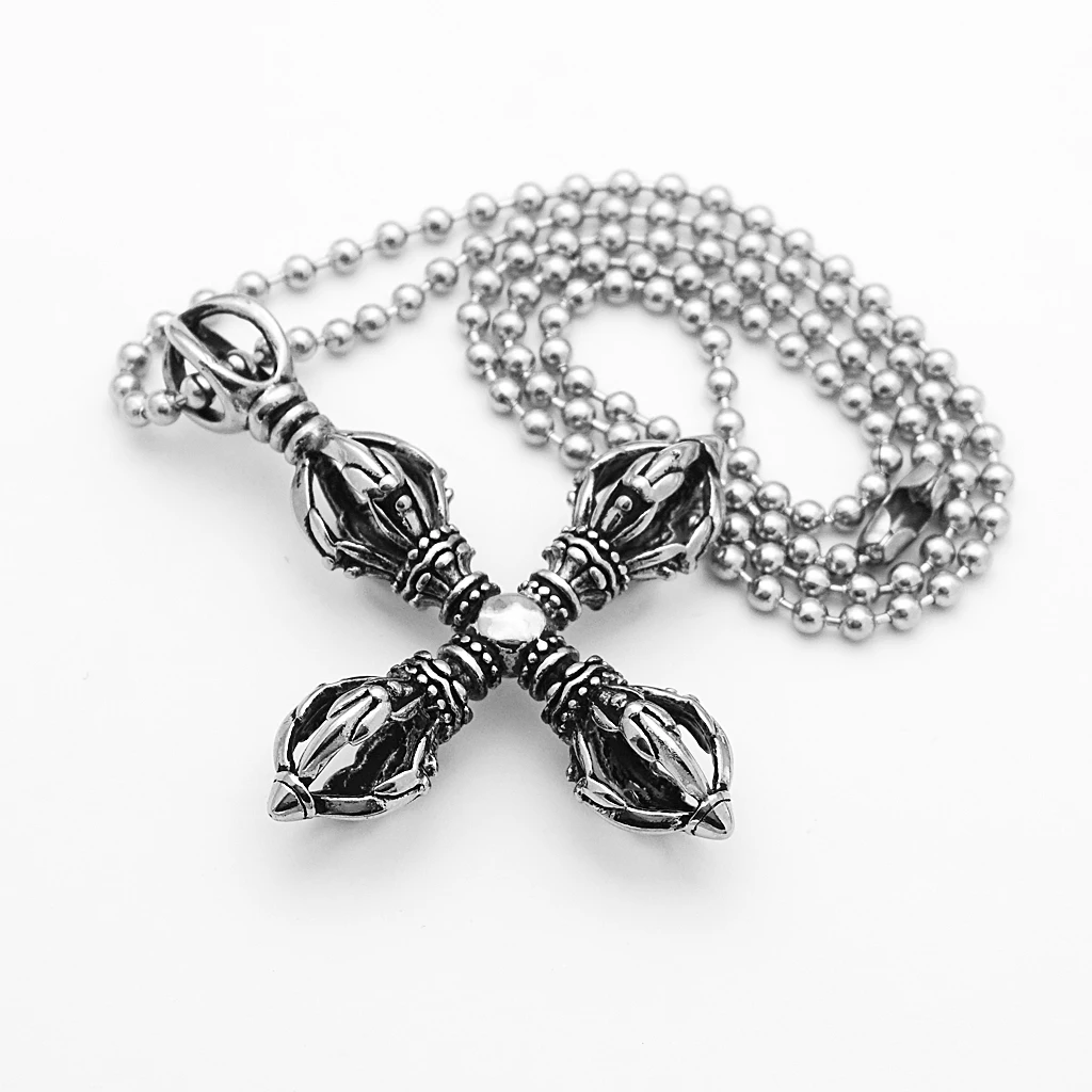 Charm Stainless Steel Hollow Cross Vajra Pestle Pendant Talisman Necklace Prayer Amulet Pendant Necklace