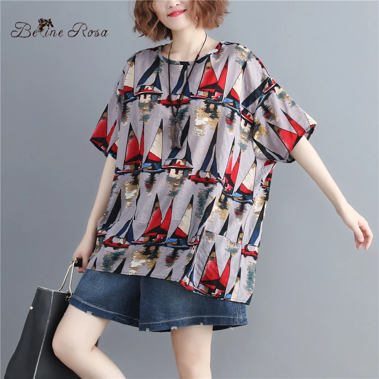 

BelineRosa 2019 Summer Style Geometric Print Short Sleeve T-shirts Casual Short Sleeve Women Tops and Tees 666DM020