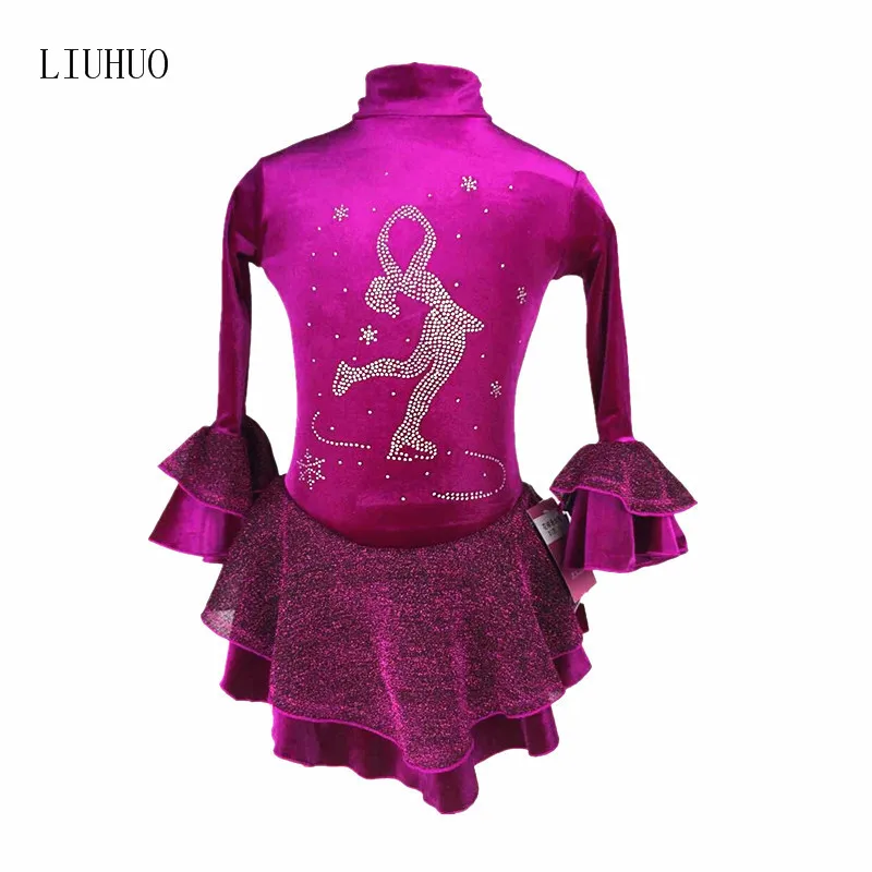 Фигурное катание платье Для женщин девочек Катание на коньках платье Два цвета: красный фиолетовый iceman бурения узор 7 Разрез Рукава