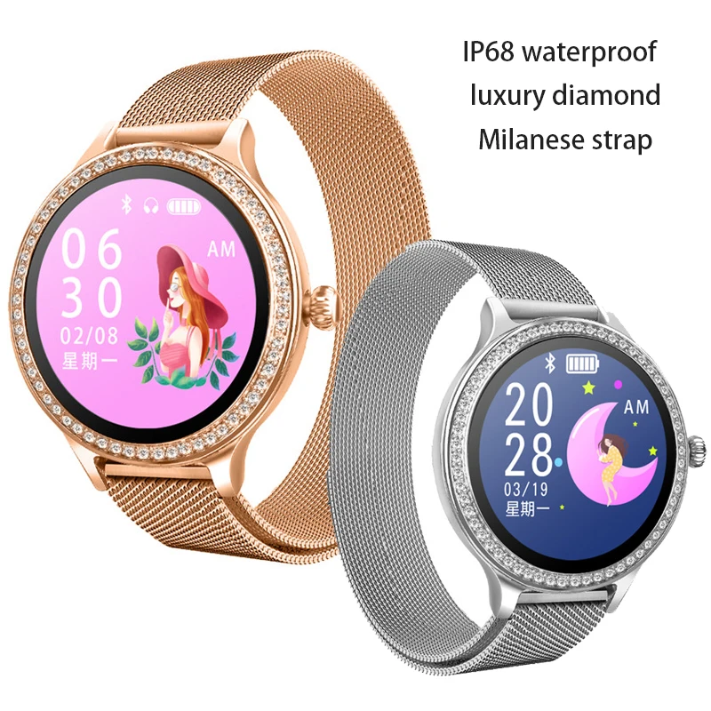 Luxury Diamond Steel Smart Watch IP68 Waterproof Blood Pressure Heart Rate Monitor Sport Fitness Tracker Smartwatch Women