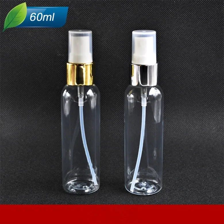 Free shipping 50pcs/lot 60ml round plastic spray bottle Aluminum nozzle