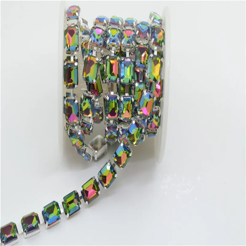 8x10 мм цветные стеклянные стразы, отделка бисером, стразы, прямоугольник, серебряная цепочка, пришивка - Цвет: vitrail