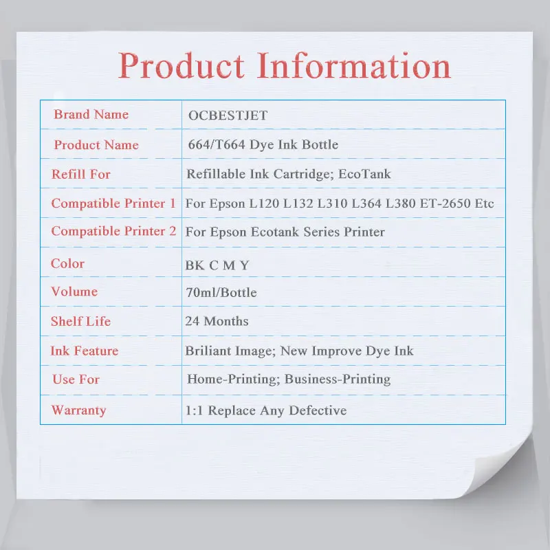 Dye Ink For Epson L100 L110 L120 L132 L210 L310 L365 L380 L382 L486 L550 L800 L805 L1300 L1455 ET-2500 ET-2650 (4 color options) dye ink kit dye ink refill ink refill epson ink bottle