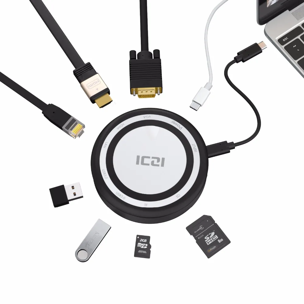 ICZI 9 in USB C Hub Multifunzione Tipo C Hub USB 3.0 Adattatore HDMI VGA + TF/SD Ethernet Splitter per MacBook Pro 2017 Chromebook