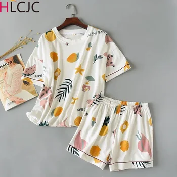 

New style Loose Pajama Sets Women Cute Starfish Printed 2 Pieces Set Cotton T Shirt Top + Shorts Elastic Waist Plus Size