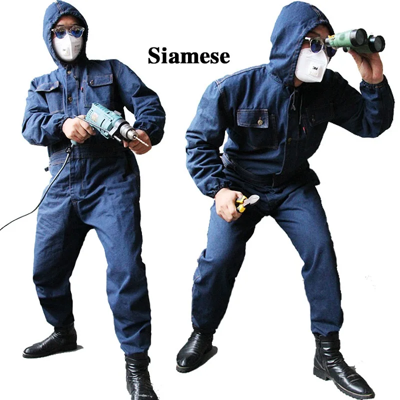 Men Overalls Denim Work Clothing Long Sleeve Hooded Coveralls Labor  Overalls Machine Welding Auto Repair Painting M-4xl