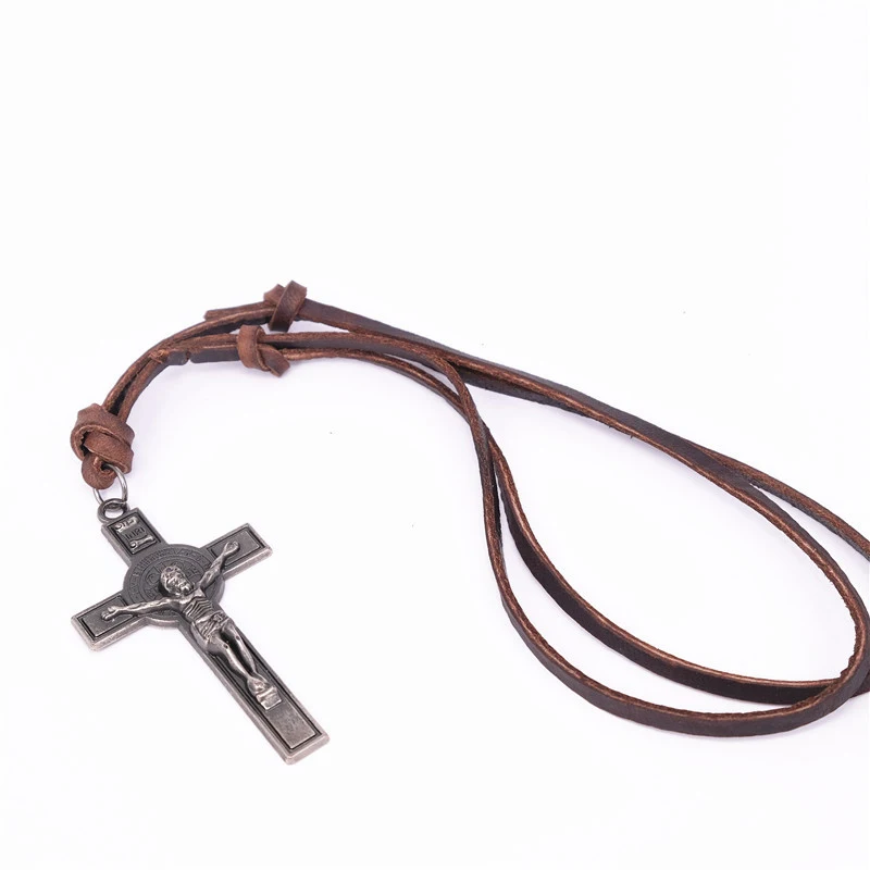 NIUYITID Collare INRI Crucifix Men Jesus Cross Pendant Necklace Women Best Genuine Leather Jewelry Religious Drop Ship  (6)