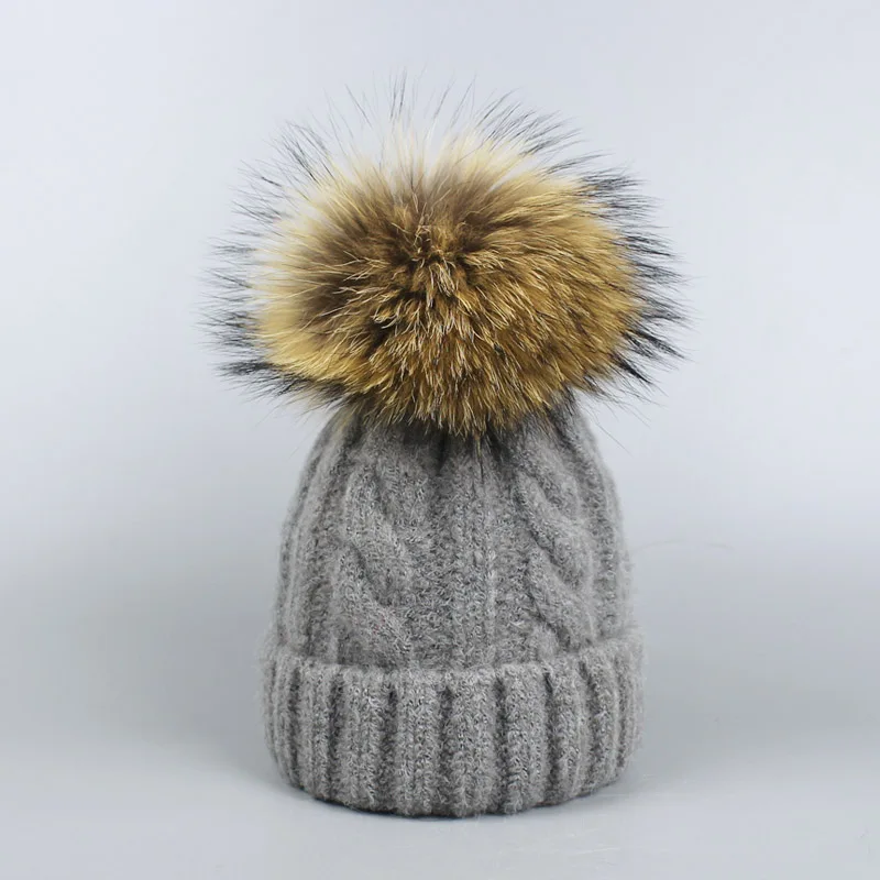 Зимние вязаные шапки Skullies, Лыжные шапки, теплая шапка для мальчиков и девочек, детей, взрослых женщин, брендовая шапка с помпоном из натурального меха енота - Цвет: Gray