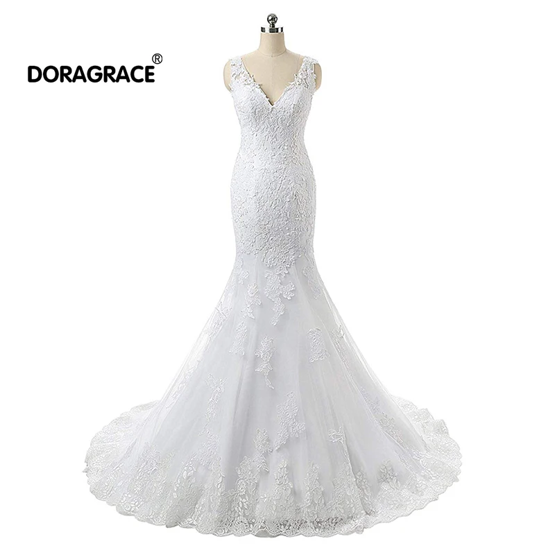 

Doragrace Real Photo vestidos de noiva V Neck Backless Mermaid Lace Wedding Dresses Plus Size Bridal Gowns