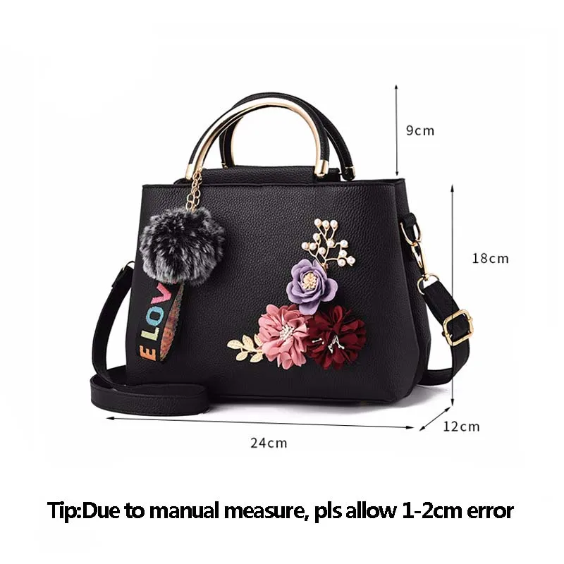 Women Flower Leather Handbag Holiday Female Pompom Clutch Bags Lady Travel Casual Shoulder Bag Exquisite Crossbody SS7001 (19)