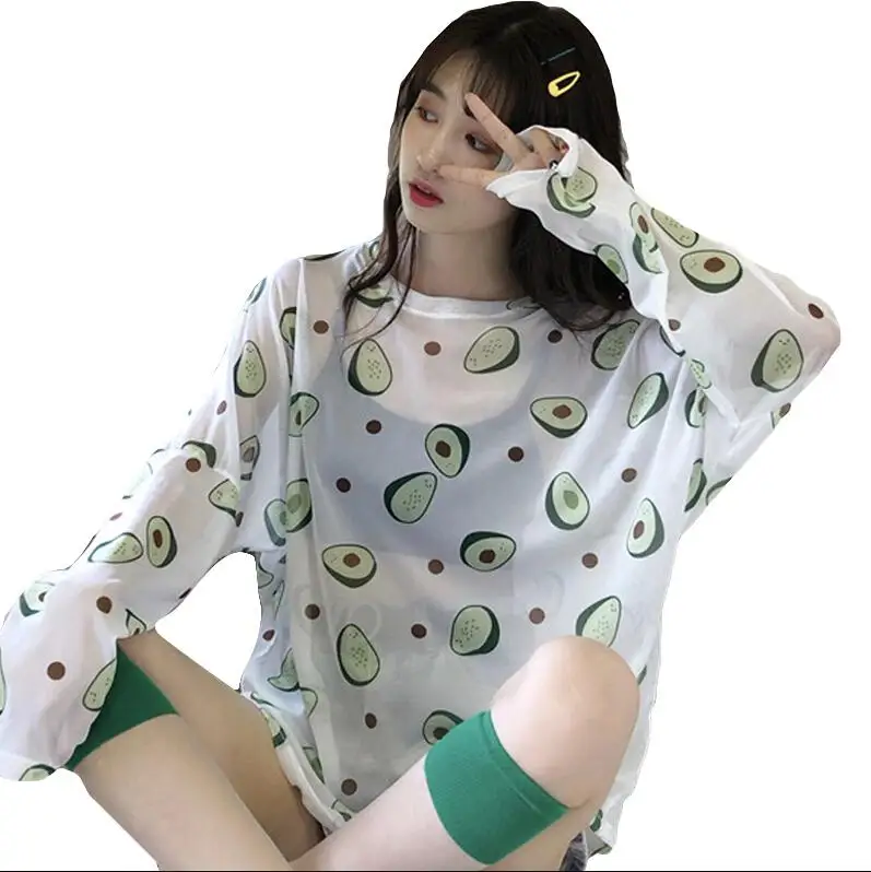 

Sun protection clothing female new loose fruit print long sleeve mesh t-shirt