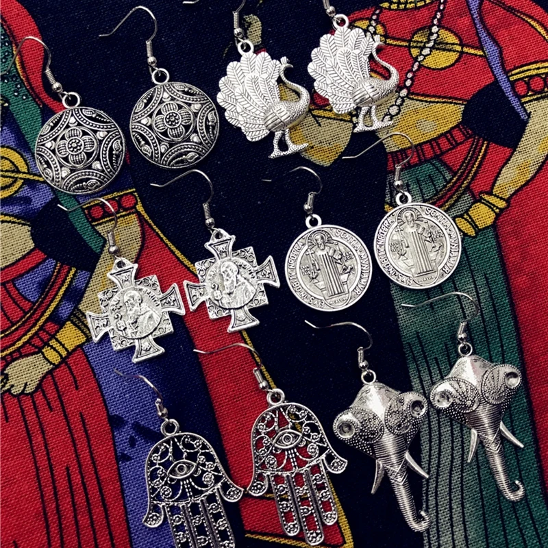 ThailandAncient серебряные антикварные женские серьги индия ручной работы старый ювелирные изделия Афган Павлин слон жрец христианство хиппи
