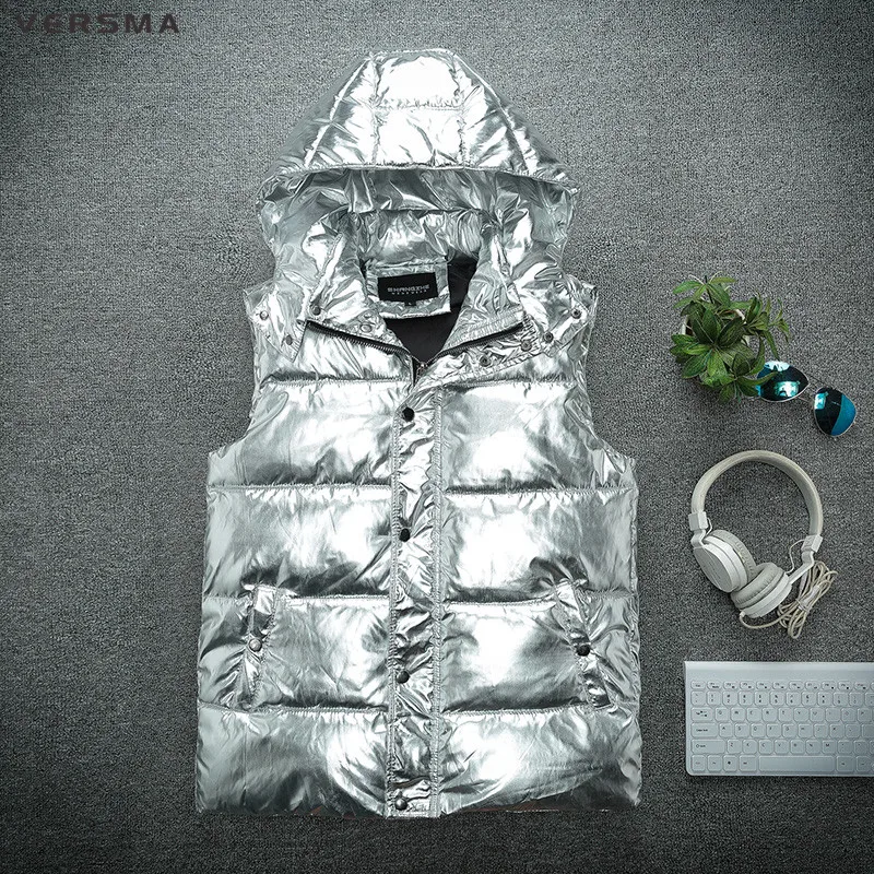 

VERSMA Slim Fit Hooded Padded Reporter Sleeveless Jacket Coat Vest Men Waistcoat Gilet Winter Warm Cotton Vests for Men Clothing