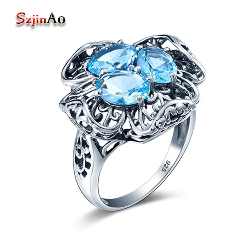 

Szjinao Wholesale Vintage Flower Aquamarine Blue Stones Flower Rings For Women Solid 925 Sterling Silver Jewelry Bridal gift