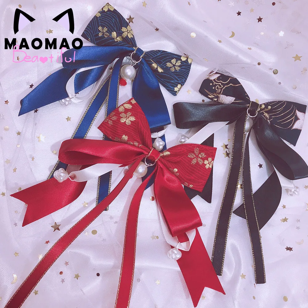 

Antiquity Kimono Sakura Bow Hair Pin Headwear Vintage Palace Style Bowknot Ribbon Hair Accessories Side Clip Red+Navy+Black