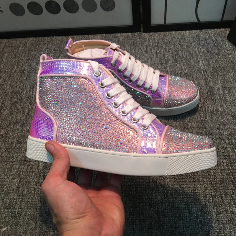 SWYIVY Rhinesotne Sneakers Shoes Woman Flat High Top 2019 Spring Shoes Casual Snake Leather Lady Platform Sneakers Bling Size 44