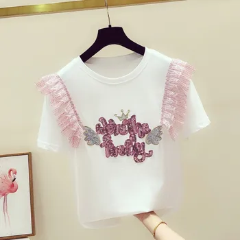

2019 New Summer Fashion Loose Female Pullovers Top Sequins Letter Patchwork Lace Short Sleeve Students T-shirt Casual Tees