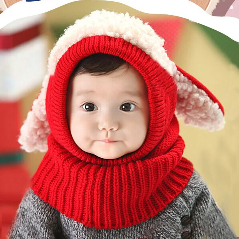 

New Winter Baby Kids Girls Boys Warm Woolen Coif Hood Scarf Caps Rabbit ears cute cartoon animal love knitted winter warm Hats