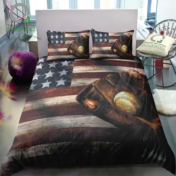 

Bomcom 3D Digital Printing Bedding Set Baseball Mitt Stars and Stripes Painting on Wood Duvet Cover Set 100% Microfiber