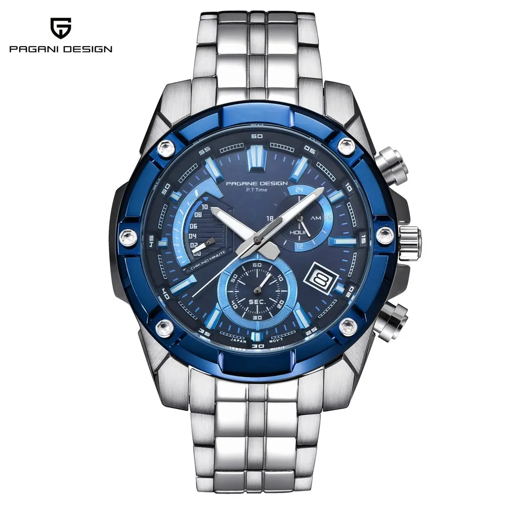 Steel Blue Мужские часы с большим циферблатом(46,2 мм), ремешок из нержавеющей стали, спортивные часы для мужчин, PAGANI Дизайн, роскошные Брендовые Часы с хронографом, Horloges Mannen - Цвет: Steel Blue