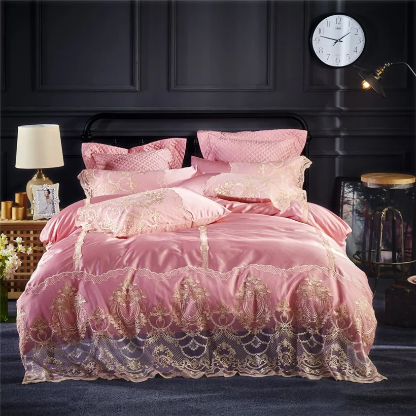 cheap Pink Luxury Egyptian Cotton Lace Royal Bedding Set King Queen Size Girls Princess Duvet Cover Bed Sheet set Pillowscase Gift 38