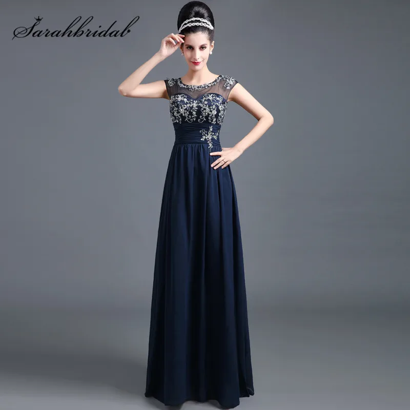 

New Fashion Prom Dresses Sheer Back Zipper Sweetheart Lace Cap Sleeve with Beaded A Line Navy Blue Romantic Evening Gowns SD294