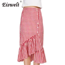 EISWELT Женская милая плиссированная клетчатая юбка с разрезом с подкладкой, эластичная талия, пуговицы, женская модная повседневная юбка до середины икры