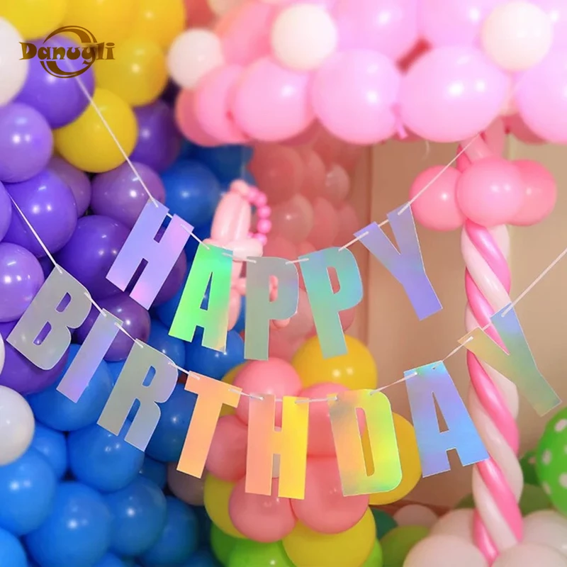 

Laser rainbow film children birthday party decoration happy birthday bunting gas decorative banner