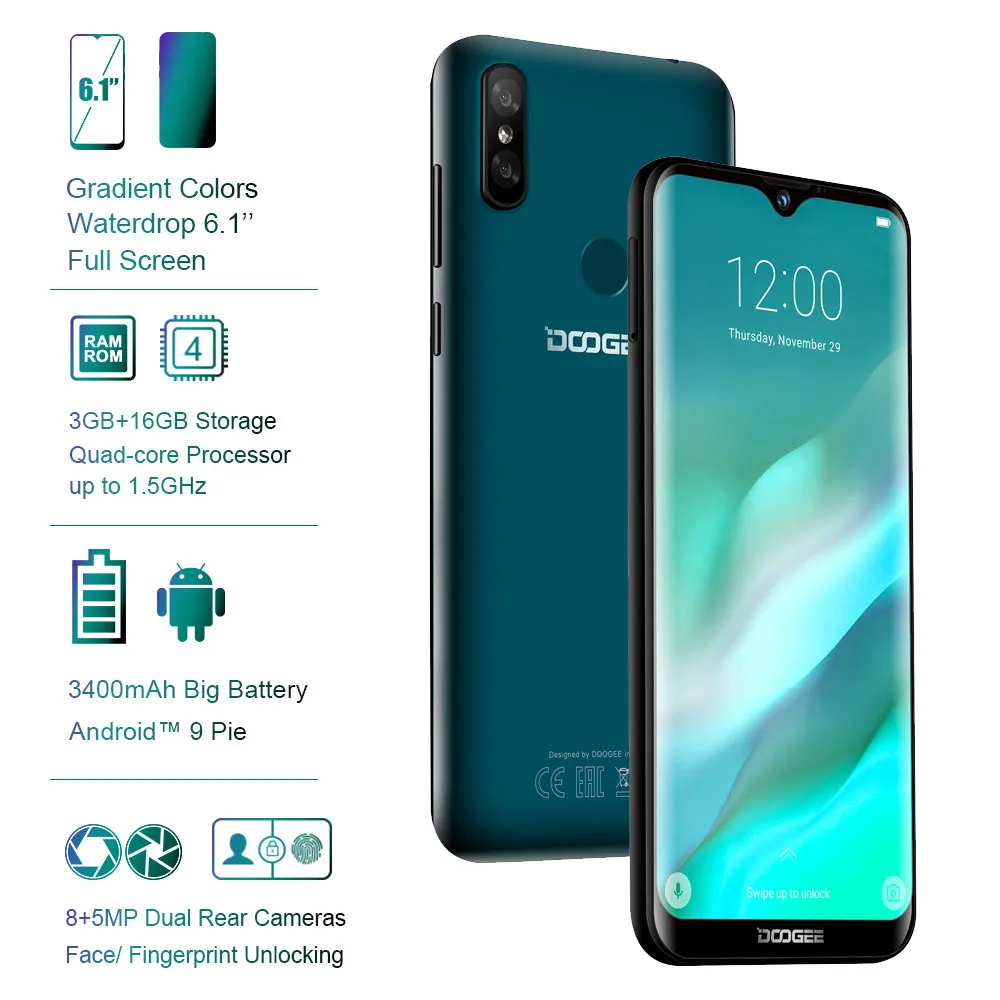 DOOGEE Y8 Waterdrop Screen Smartphone 6.1"FHD 19:9 Display 3400mAh MTK6739 Quad Core 3GB RAM 16GB ROM Android 9.0 4G LTE Mobile