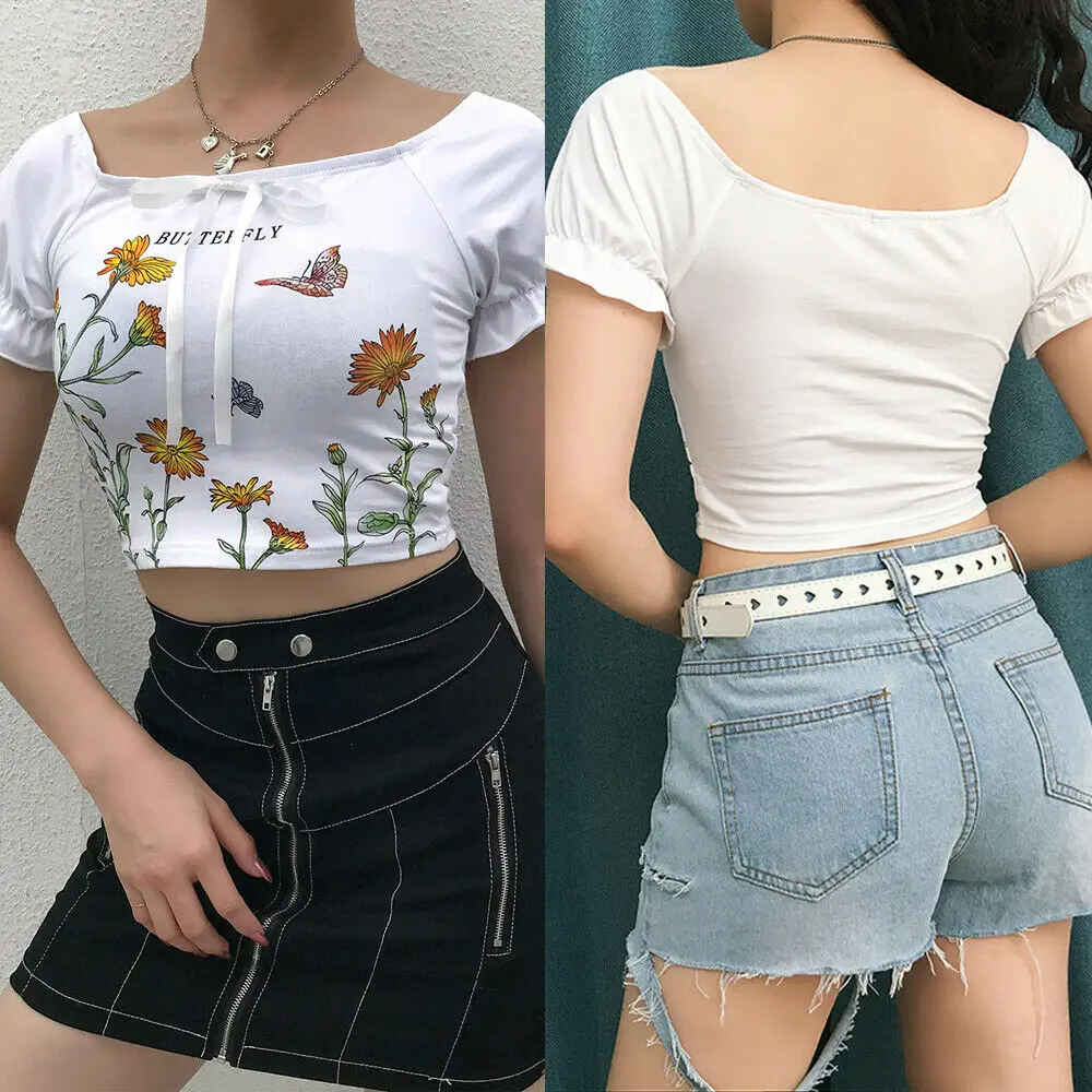 

Sexy Women's Off Shoulder T-Shirt Floral Print Short Sleeve Crop Top Summer Club Fashion Female T-shirt Casual Thin Tops