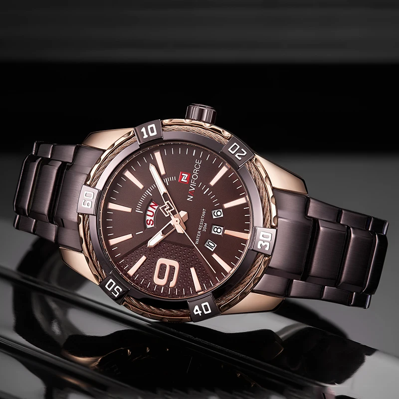  NAVIFORCE Luxury Brand Men's Sport Watch Coffee Full Steel Quartz Watches Men Date Waterproof Milit
