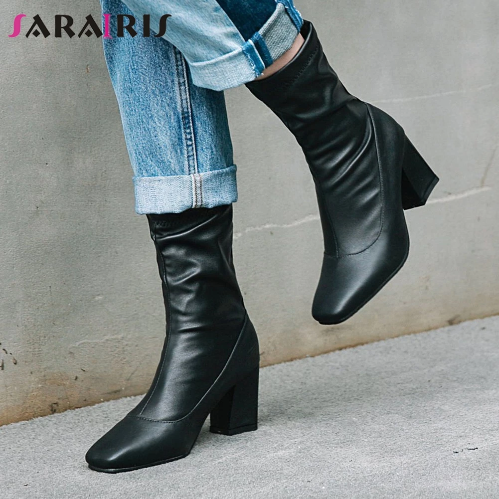 

SARAIRIS New Fashion Plus Size 32-48 Ladies High Heels Slip On Women Shoes Woman Casual Party OL Autumn Winter Mid Calf Boots