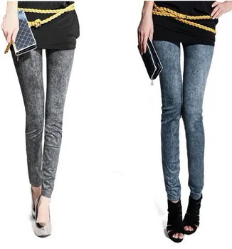 

Free shipping,Doodle elastic faux denim legging ankle length trousers